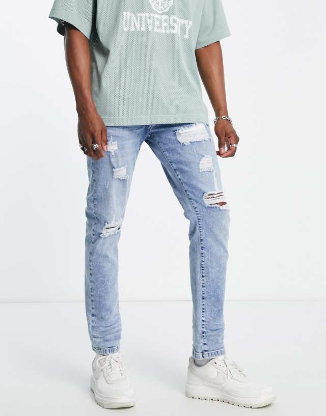 DTT slim fit extreme rip jeans in light blue