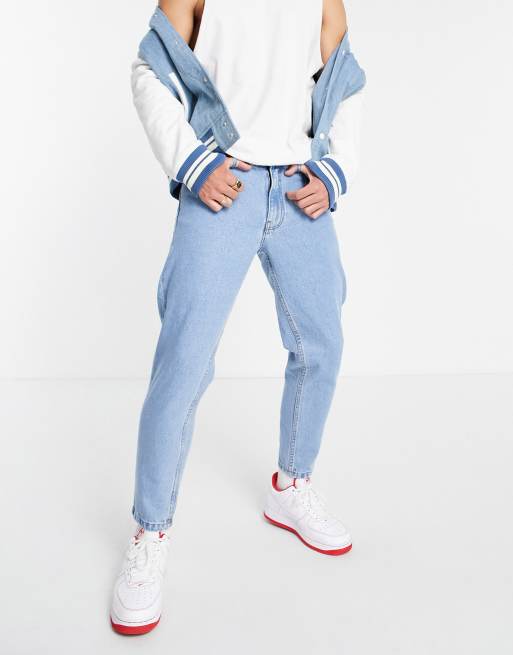 DTT - Stevige jeans met cropped pijpen en toelopende pasvorm in blauw met lichte stone-wash