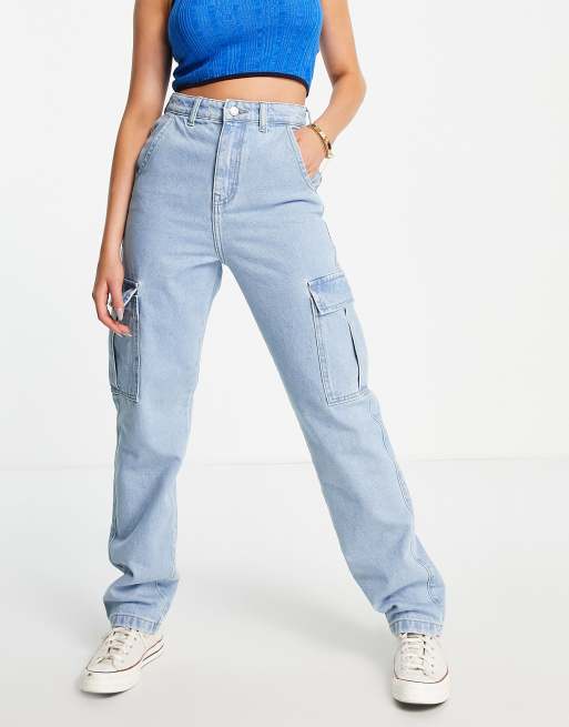 DTT straight leg jeans with cargo pockets in light blue