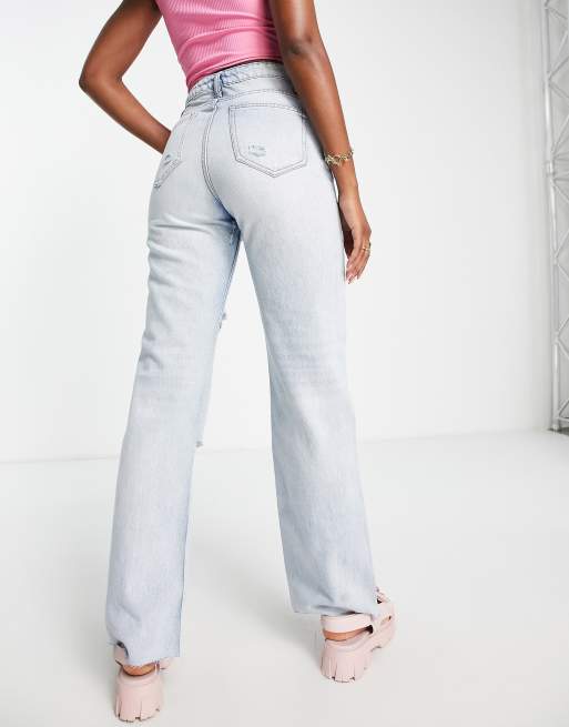 DTT Tall straight leg jeans with raw hem and knee rips in light