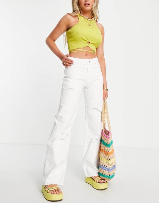 Don't Think Twice Tall DTT Tall straight leg jeans with raw hem and knee  rips in white - ShopStyle