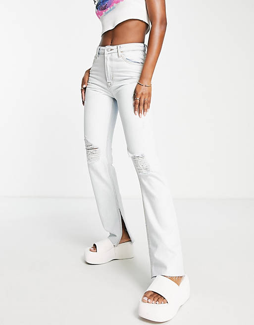 DTT straight leg jeans with raw hem and side split in blue 