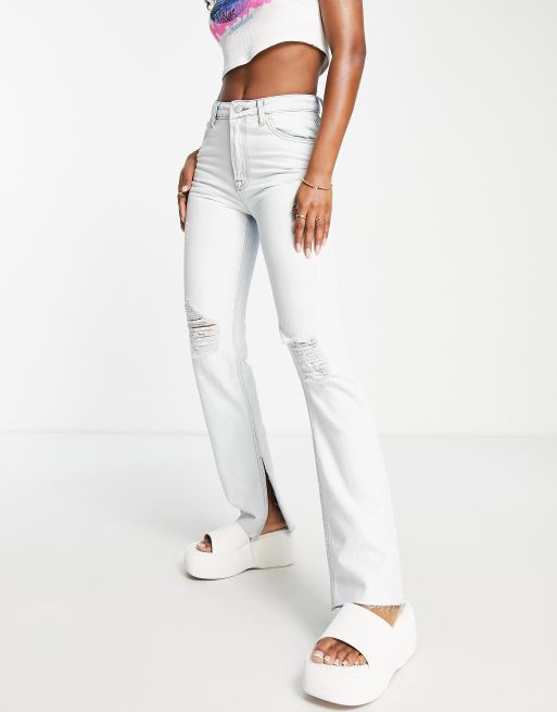 DTT Tall straight leg jeans with raw hem and knee rips in light blue, ASOS