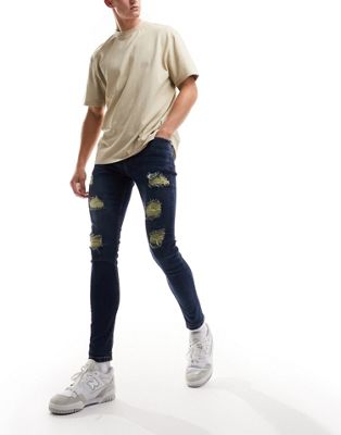 Don't Think Twice Dtt Stretch Skinny Fit Extreme Rip Jeans In Distressed Dark Blue-navy