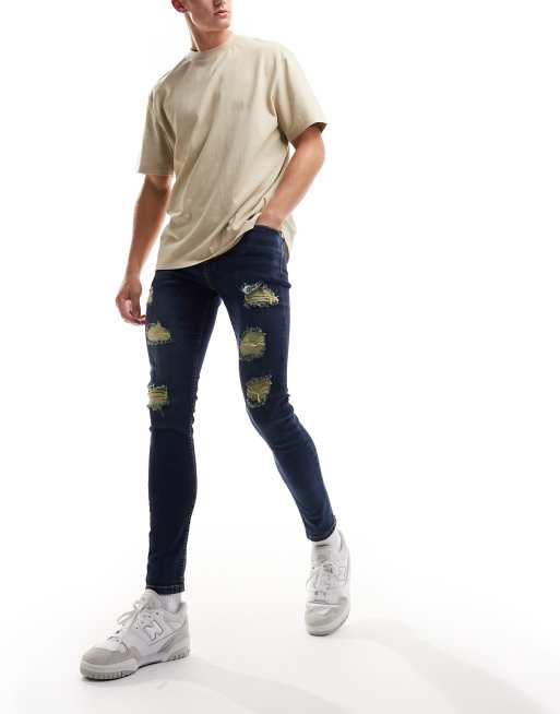 DTT stretch skinny fit extreme rip jeans in distressed dark blue