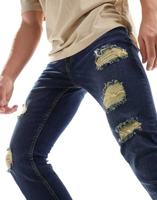 DTT stretch skinny fit extreme rip jeans in distressed dark blue, 2 of 5