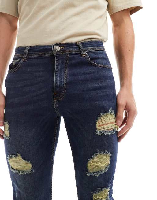 DTT stretch skinny fit extreme rip jeans in distressed dark blue, 5 of 5