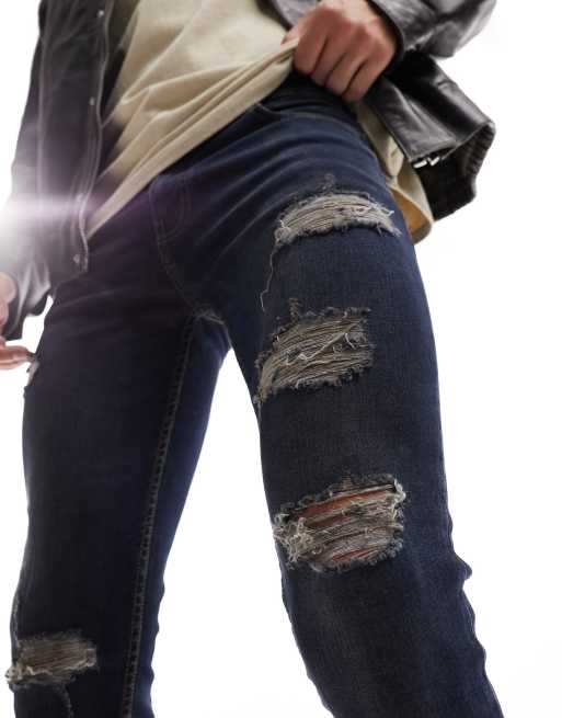 DTT stretch skinny fit ripped jeans in distressed dark blue, 2 of 5
