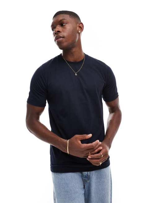 DTT – T-Shirt in Marineblau mit umgeschlagenen Ärmeln