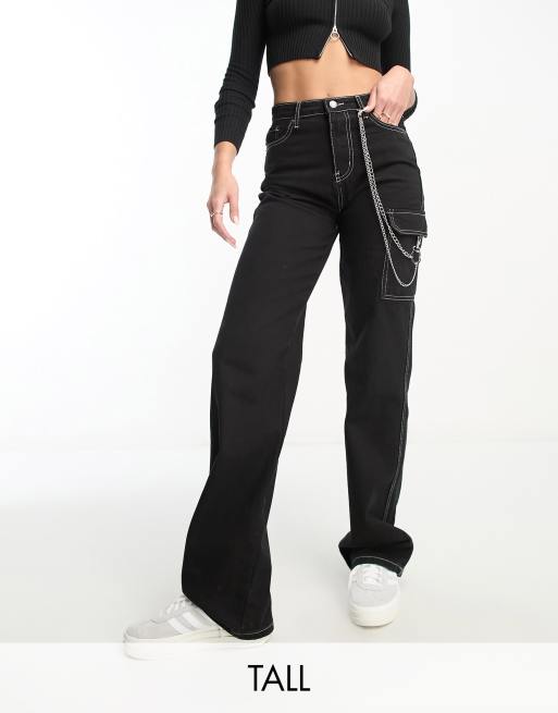 DTT Tall Blaze wide leg cargo jeans with chain in black