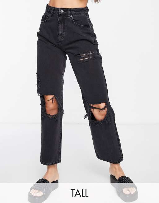 DTT Tall - Boyfriend jeans met kniescheuren in zwart met wassing 