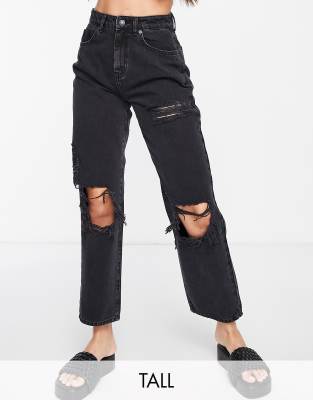 DTT Tall - Boyfriend-Jeans mit Rissen am Knie in verwaschenem Schwarz