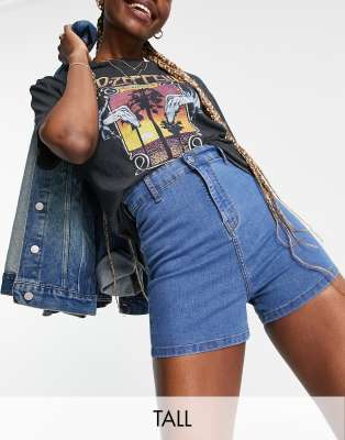 Don't Think Twice DTT Tall Charlotte high waisted disco denim shorts in mid blue