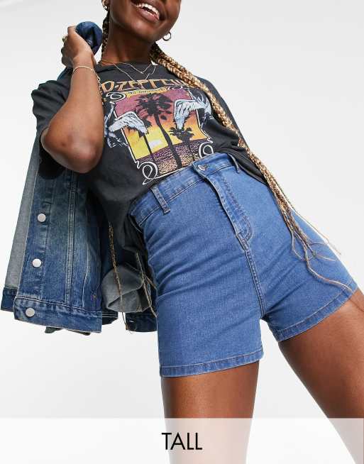 DTT Tall Charlotte high waisted disco denim shorts in mid blue