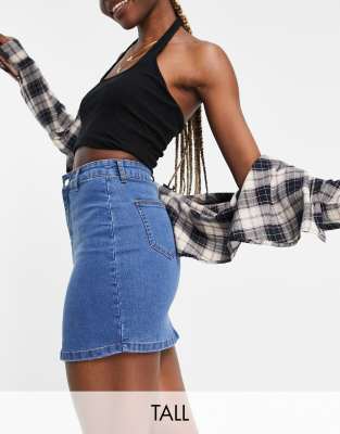 Don't Think Twice DTT Tall Clara high waisted stretch denim skirt in mid blue