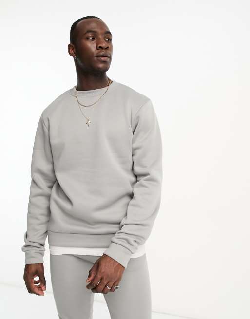 DTT Tall crew neck sweatshirt jogger tracksuit set in light grey