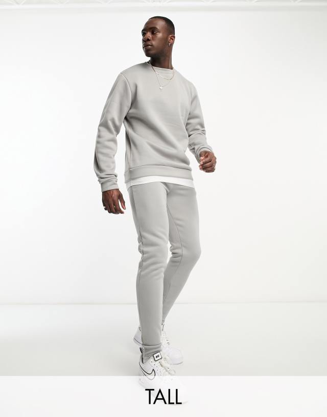 DTT Tall crew neck sweatshirt & sweatpants tracksuit set in light gray heather