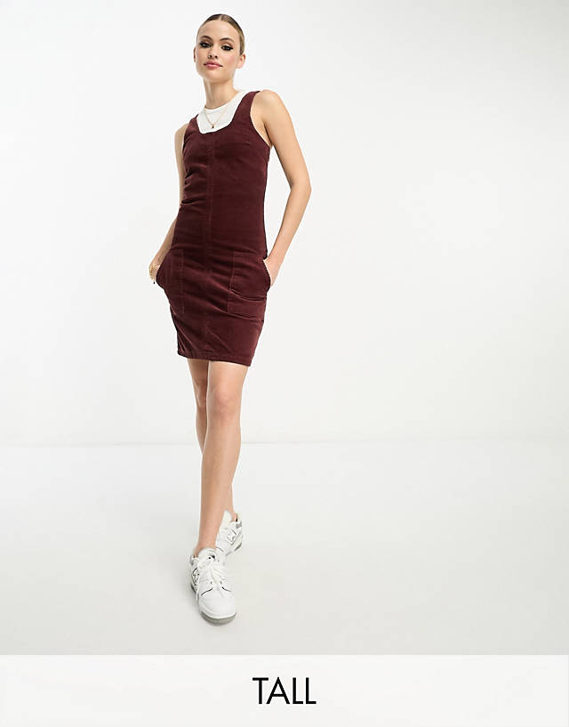Don't Think Twice Tall - DTT Tall Dawn cord pinafore dress with zip back in chocolate brown