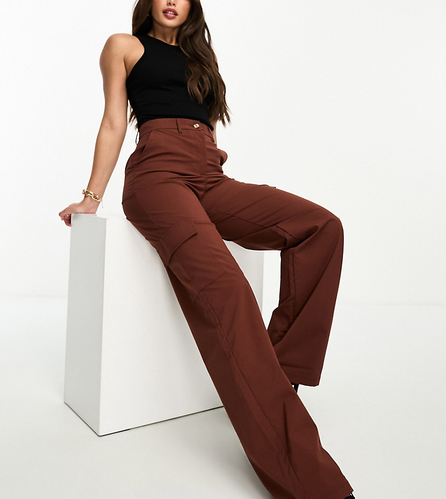 DTT Tall Del high waisted cargo trousers in chocolate-Brown