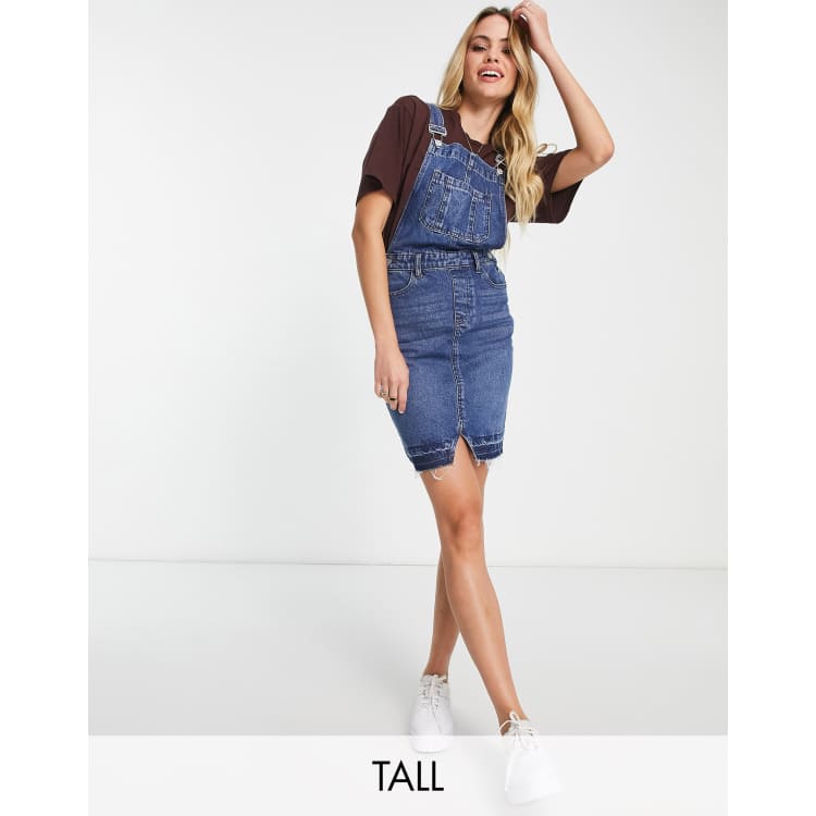 DTT Tall denim dungaree dress with raw hem in blue | ASOS