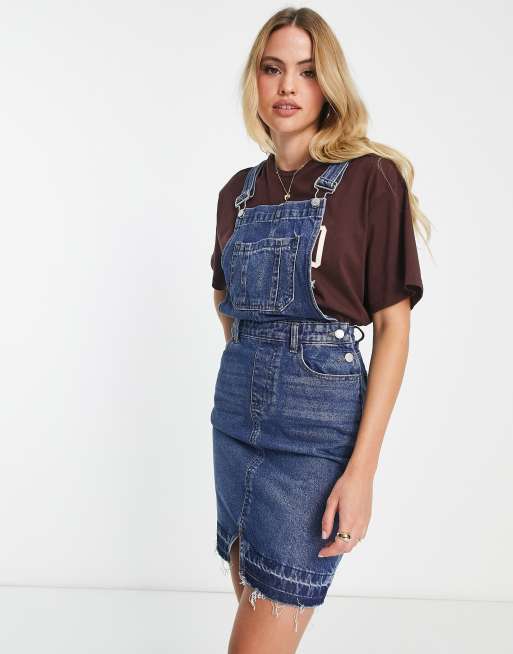 DTT Tall denim dungaree dress with raw hem in blue