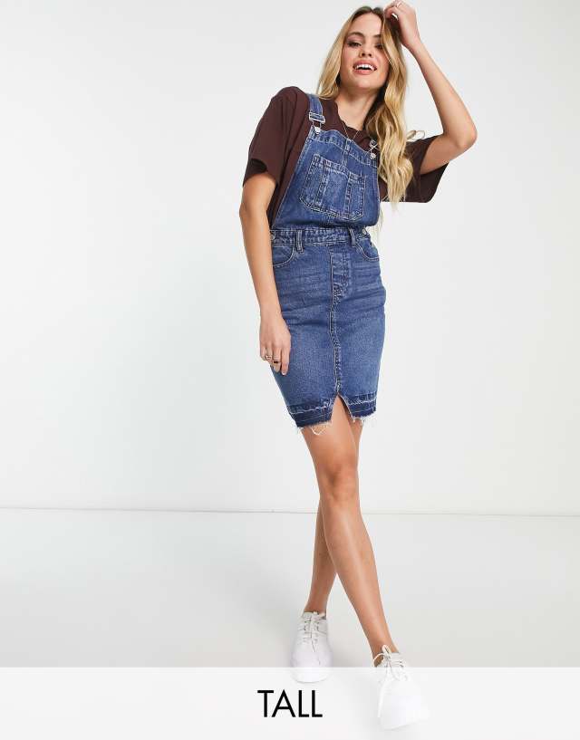 DTT Tall denim overalls dress with raw hem in blue