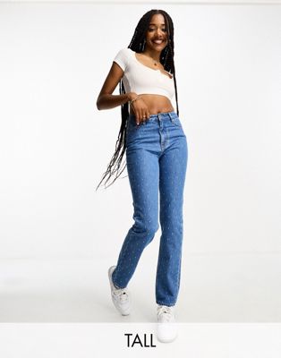 DTT Tall embroidered dot mom jeans in mid blue - ASOS Price Checker
