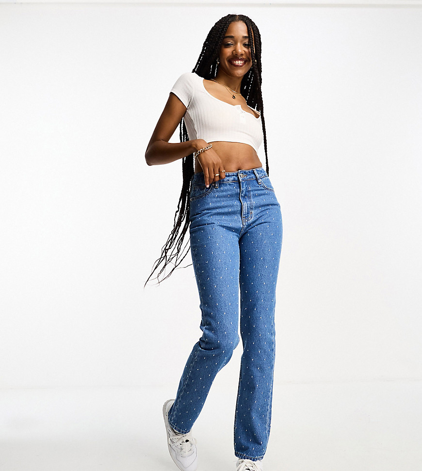 DTT Tall embroidered dot mom jeans in mid blue