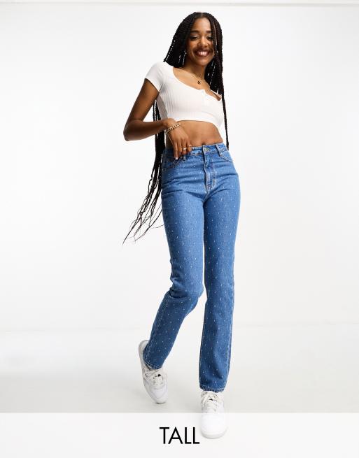 DTT Tall embroidered dot mom jeans in mid blue, ASOS in 2023