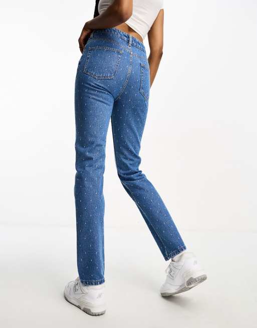 DTT Tall embroidered dot mom jeans in mid blue, ASOS in 2023