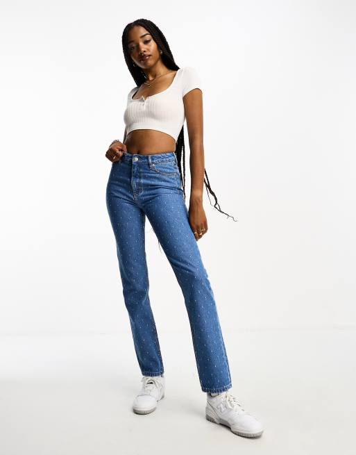 DTT Tall embroidered dot mom jeans in mid blue