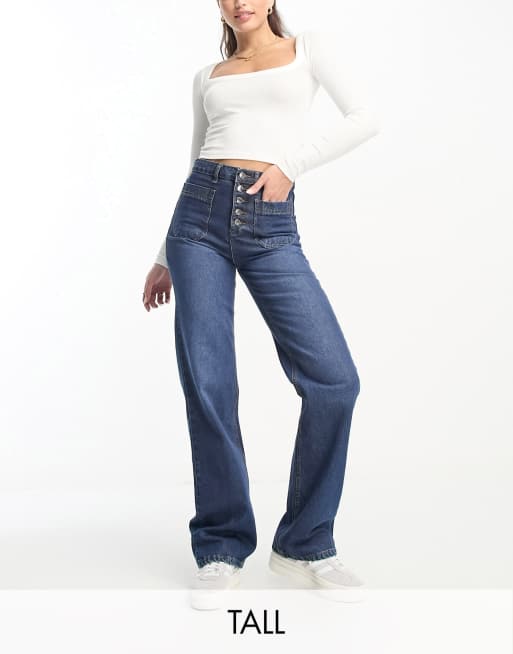 DTT Tall - Fern - Jeans met rechte pijpen en knopen aan de voorkant in blauw