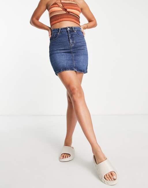DTT Tall Gabby high waisted denim skirt in mid blue  , 3 of 4