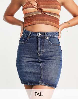 DTT Tall Gabby high waisted denim skirt in mid blue   - ASOS Price Checker