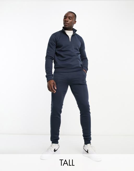 DTT Tall half zip sweatshirt jogger tracksuit set in navy