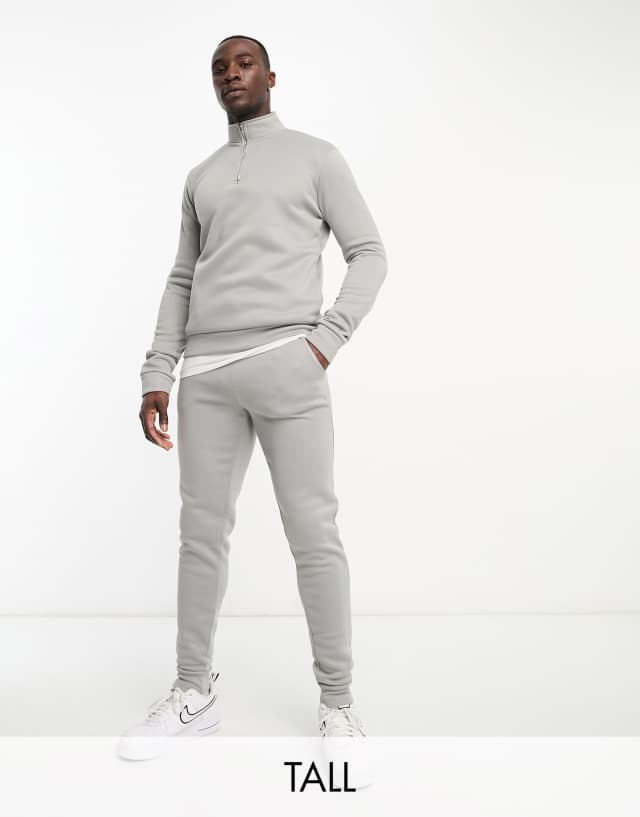 DTT Tall half zip sweatshirt & sweatpants tracksuit set in light gray heather