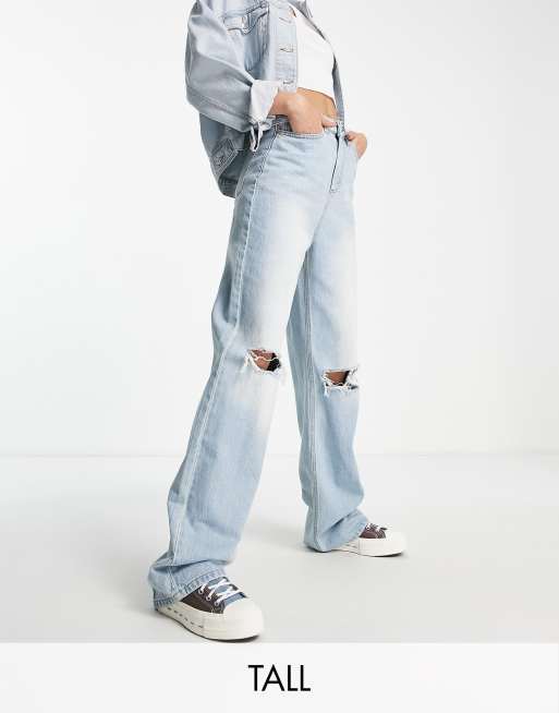 DTT Tall straight leg jeans with raw hem and knee rips in light blue, ASOS