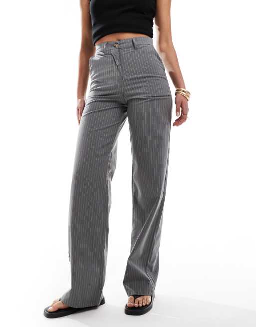DTT Tall high waisted pinstripe trousers in grey