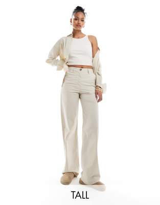 Don't Think Twice DTT Tall high waisted pinstripe trousers in light stone-Neutral