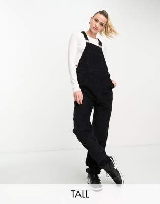 DTT Tall – Ivy – Latzhose aus schwarzem Cord mit weitem Bein und Taschen