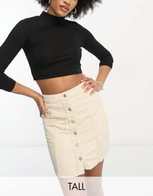 DTT Tall Jordan cord button front mini skirt in ecru-White