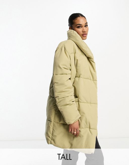 DTT Tall Lindzi longline double breasted puffer jacket in sage green | ASOS