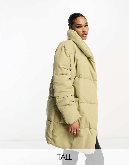 DTT Tall – Lindzi – Zweireihige Longline-Steppjacke in Salbeigrün