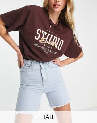 Don't Think Twice DTT Tall longline denim shorts with raw hem in light blue wash