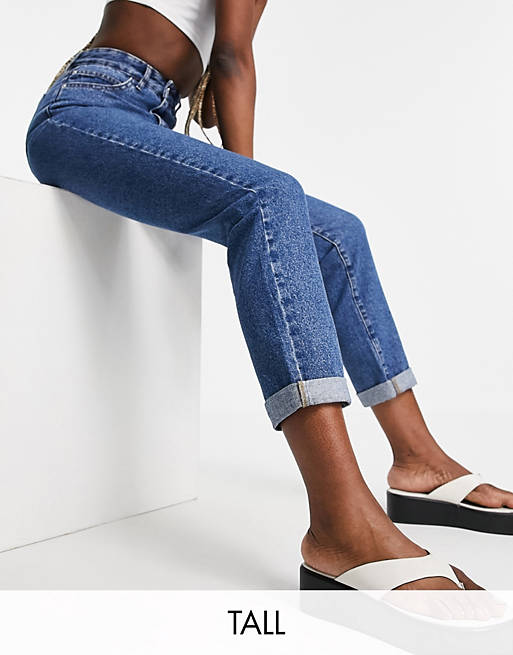 DTT Tall Lou mom jeans in mid blue wash 