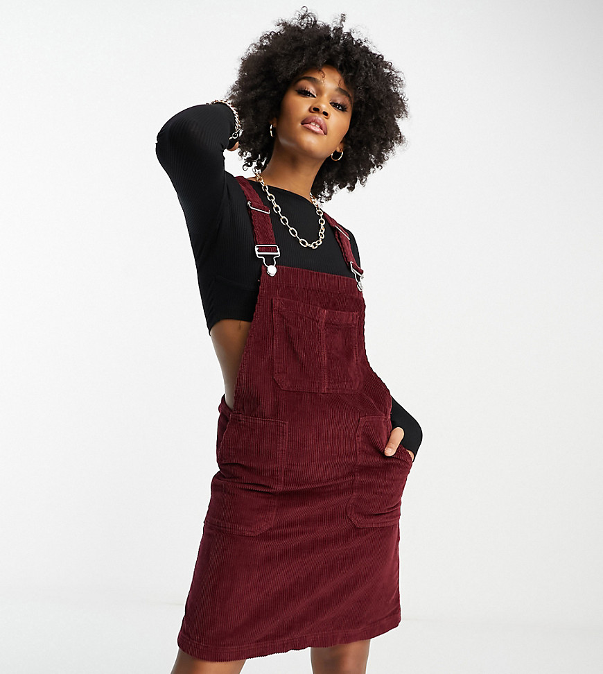 DTT Tall Lucine cord pinafore dress with pockets in burgundy-Red
