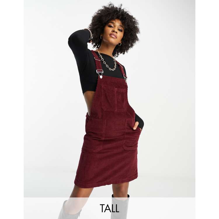 DTT Tall Lucine cord pinafore dress with pockets in burgundy ASOS