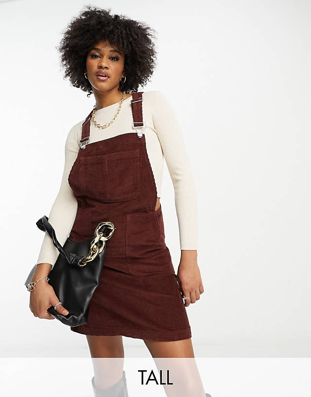Don't Think Twice Tall - DTT Tall Lucine cord pinafore dress with pockets in chocolate brown
