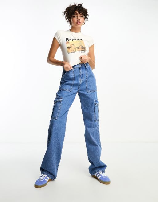 DTT Tall - Molly - Cargojeans met wijde pijpen en hoge taille in blauw, 2 van 5