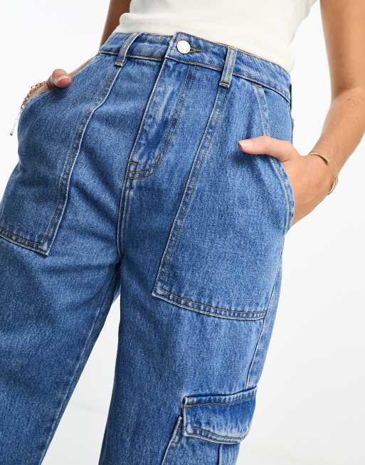 DTT Tall - Molly - Jeans cargo a vita alta con fondo ampio blu, 4 di 5